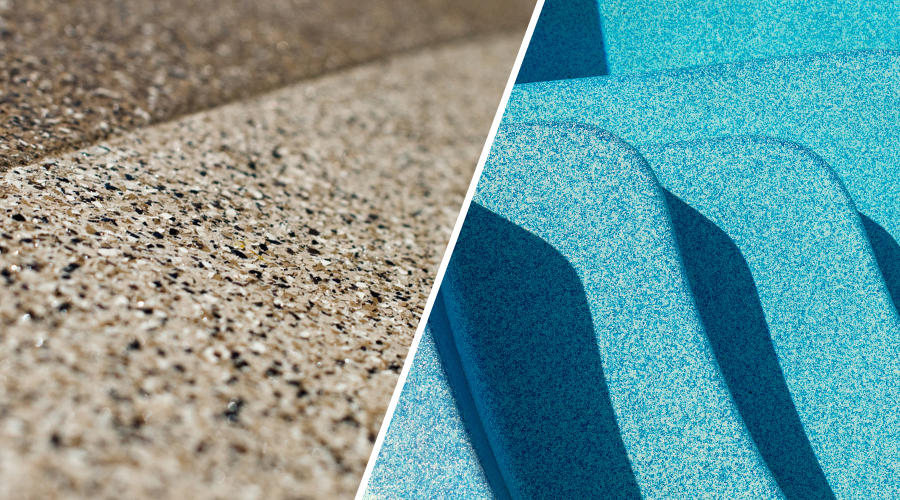 Split image of a fiberglass pool next to a concrete pool