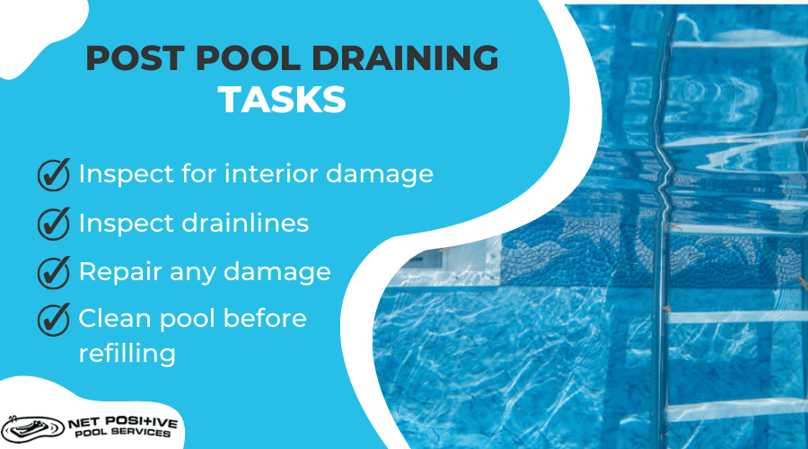 Infographic by Net Positive Pools outlining tasks to complete after draining the pool. 
