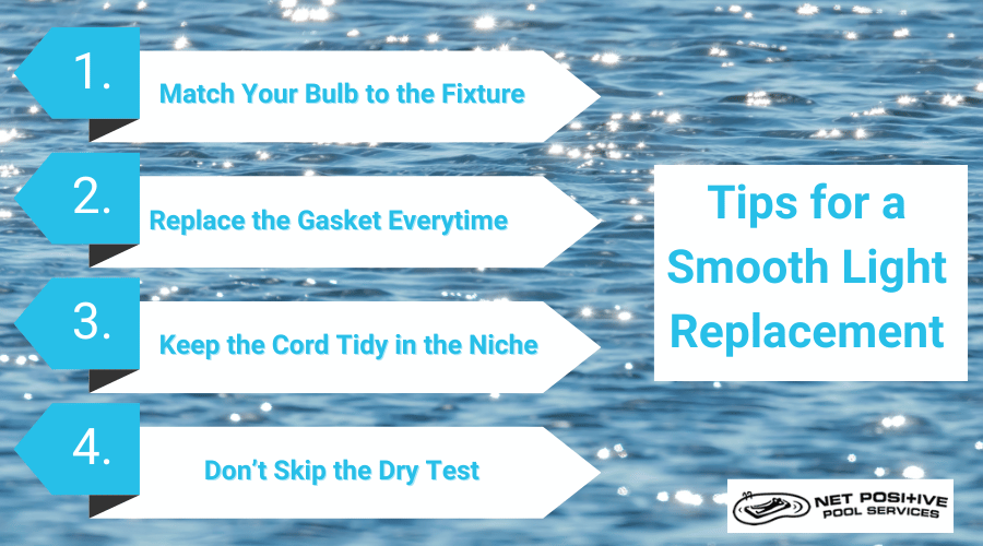 An infographic by Net Positive pools providing tips for a smooth light replacement