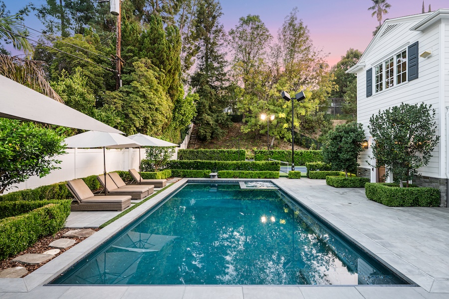 A backyard pool in a new construction home